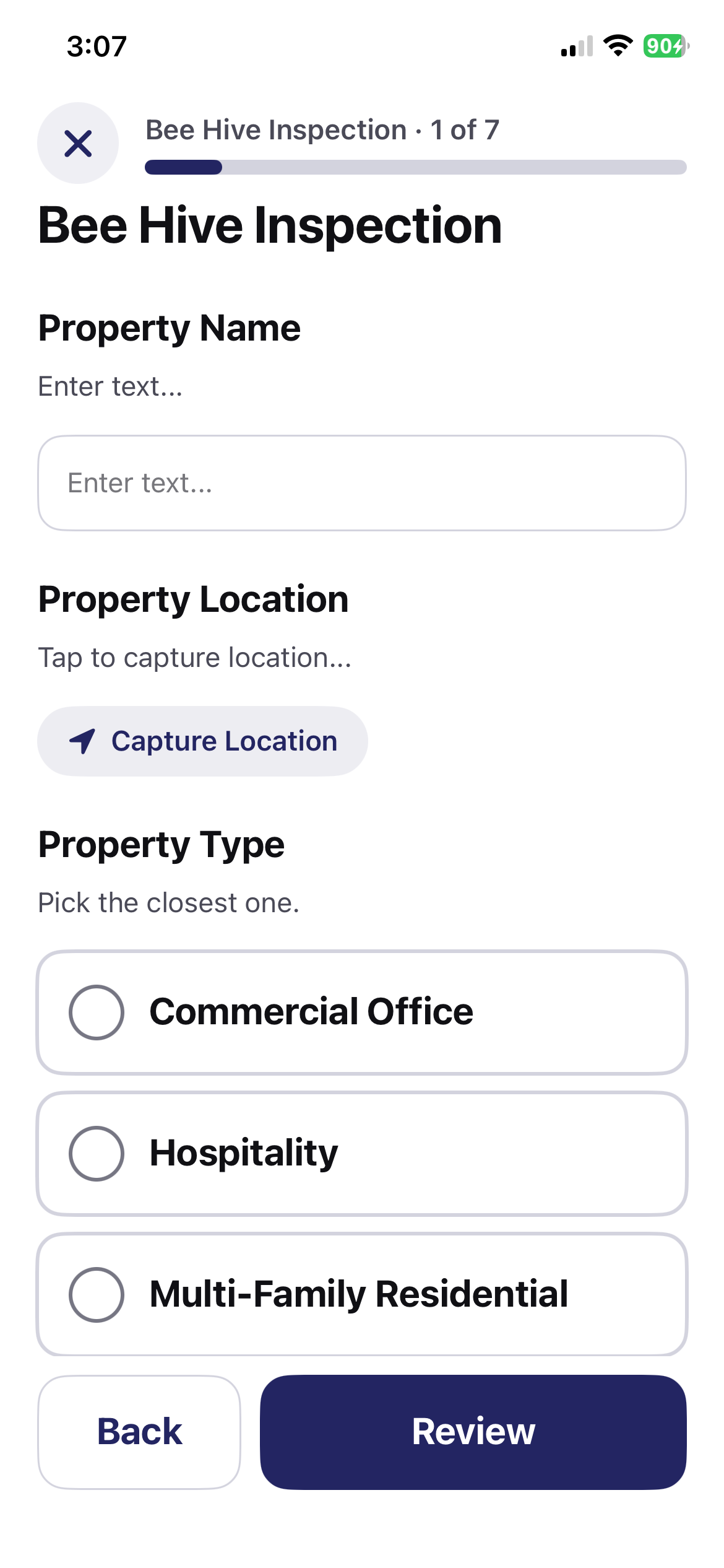 Colony strength, queen status, and brood pattern sections of the Beehive Inspection form in the aQRate mobile app