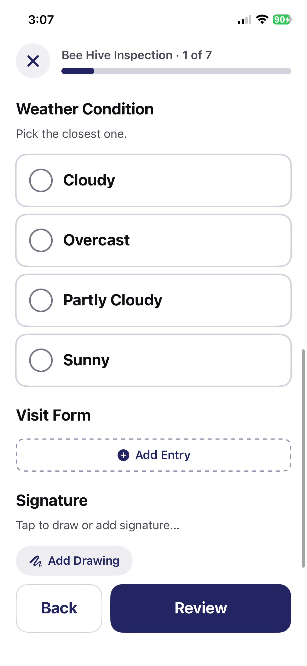 Varroa mite count, treatment type, and dosage sections of the Beehive Inspection form in the aQRate mobile app