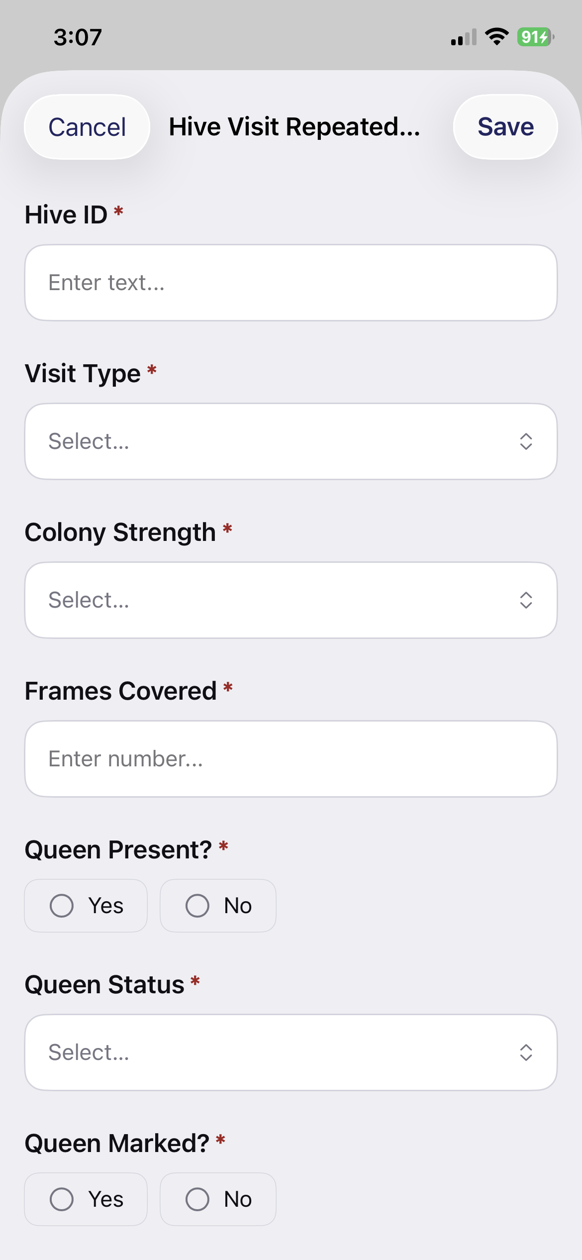 Honey harvested, equipment condition, and follow-up flags in the Beehive Inspection form in the aQRate mobile app
